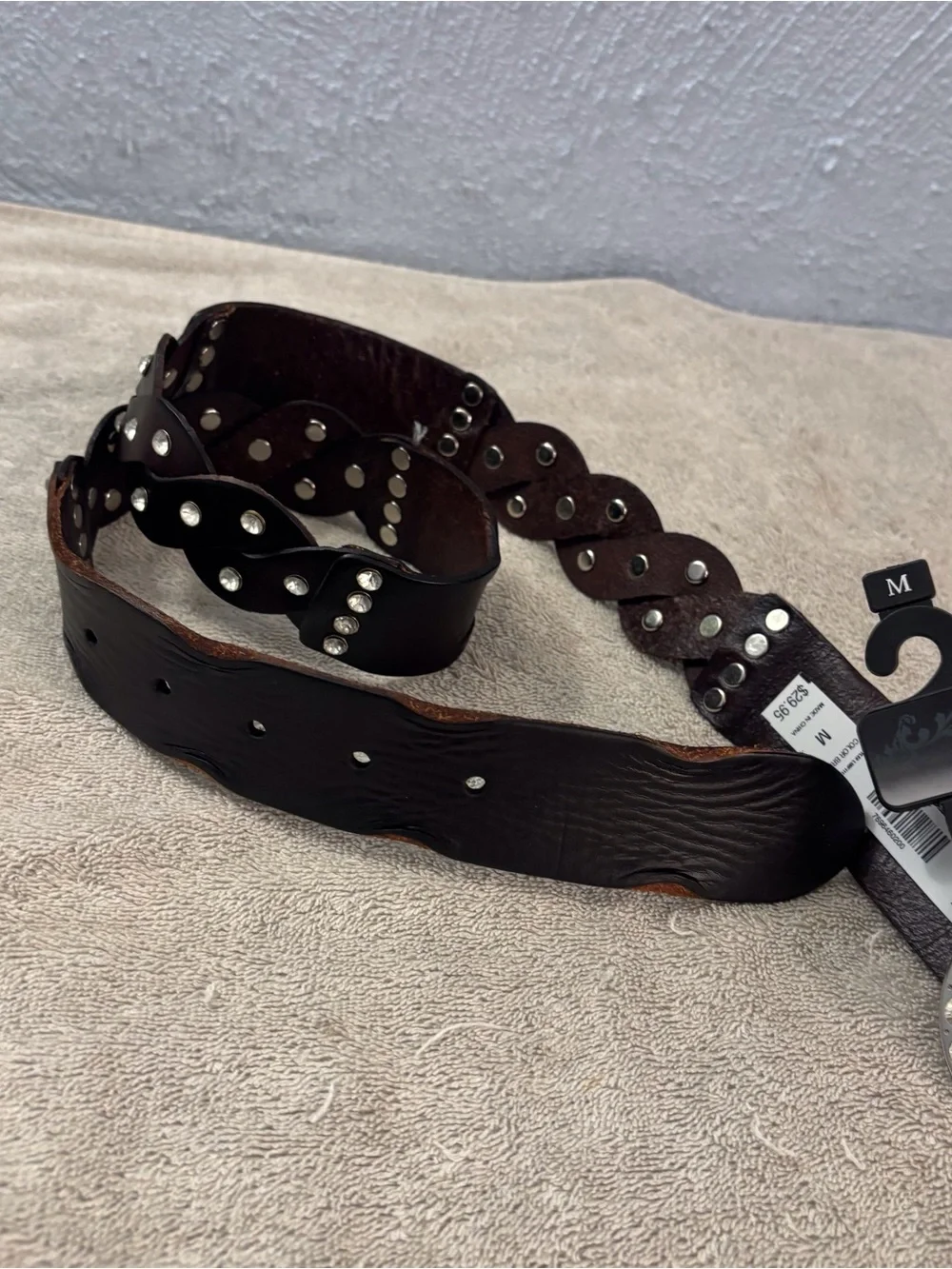 Daytrip Dark Brown Leather Braided Belt with Rhinestone Buckle SZ 34 NWT Boho